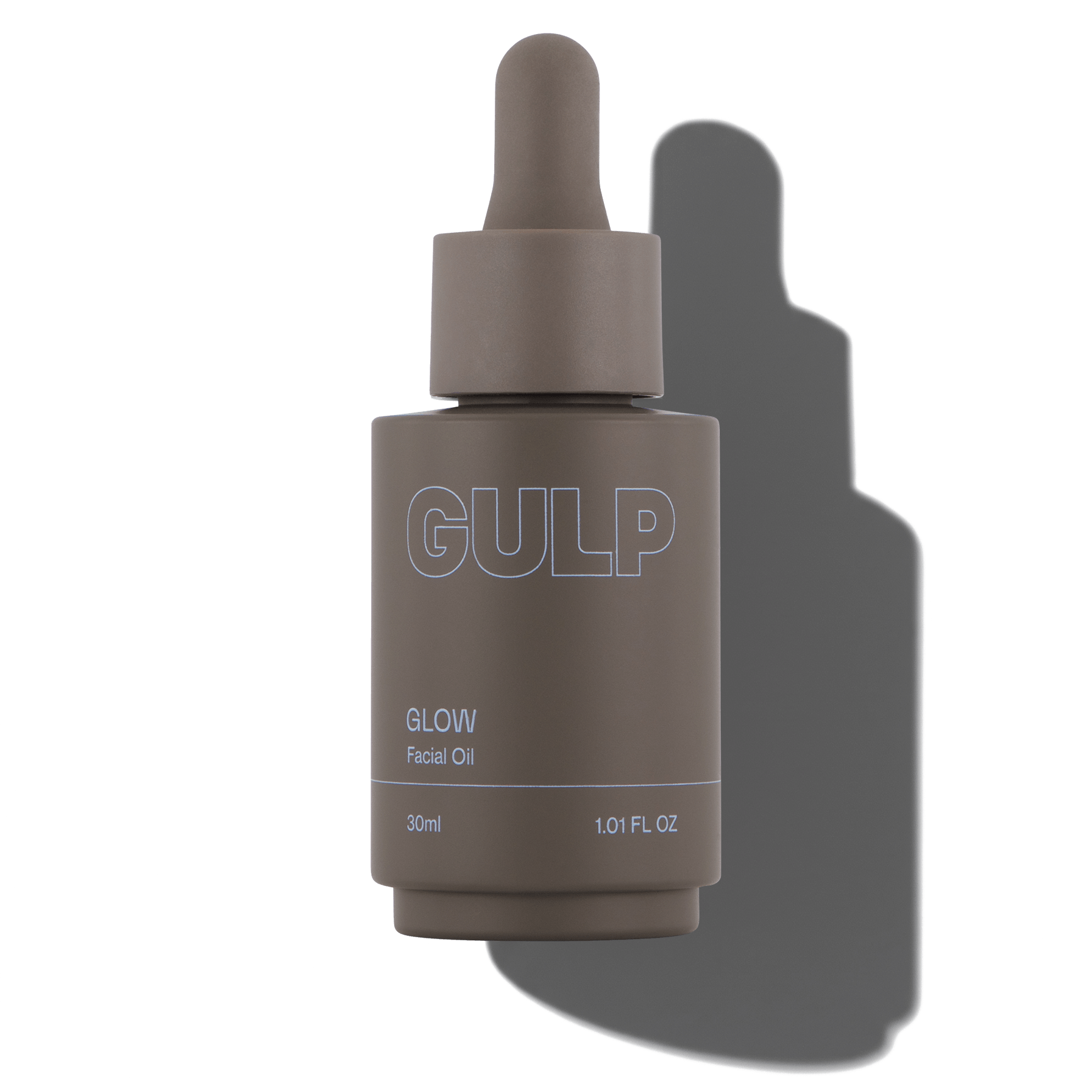 Gulp Glow facial oil bottle with dropper on a transparent background