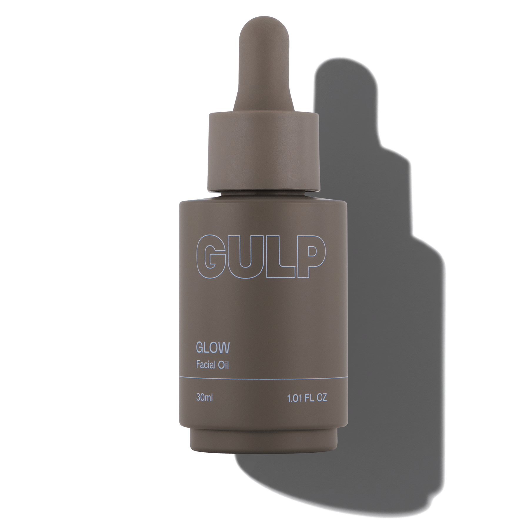 Gulp Glow facial oil bottle with dropper on a transparent background
